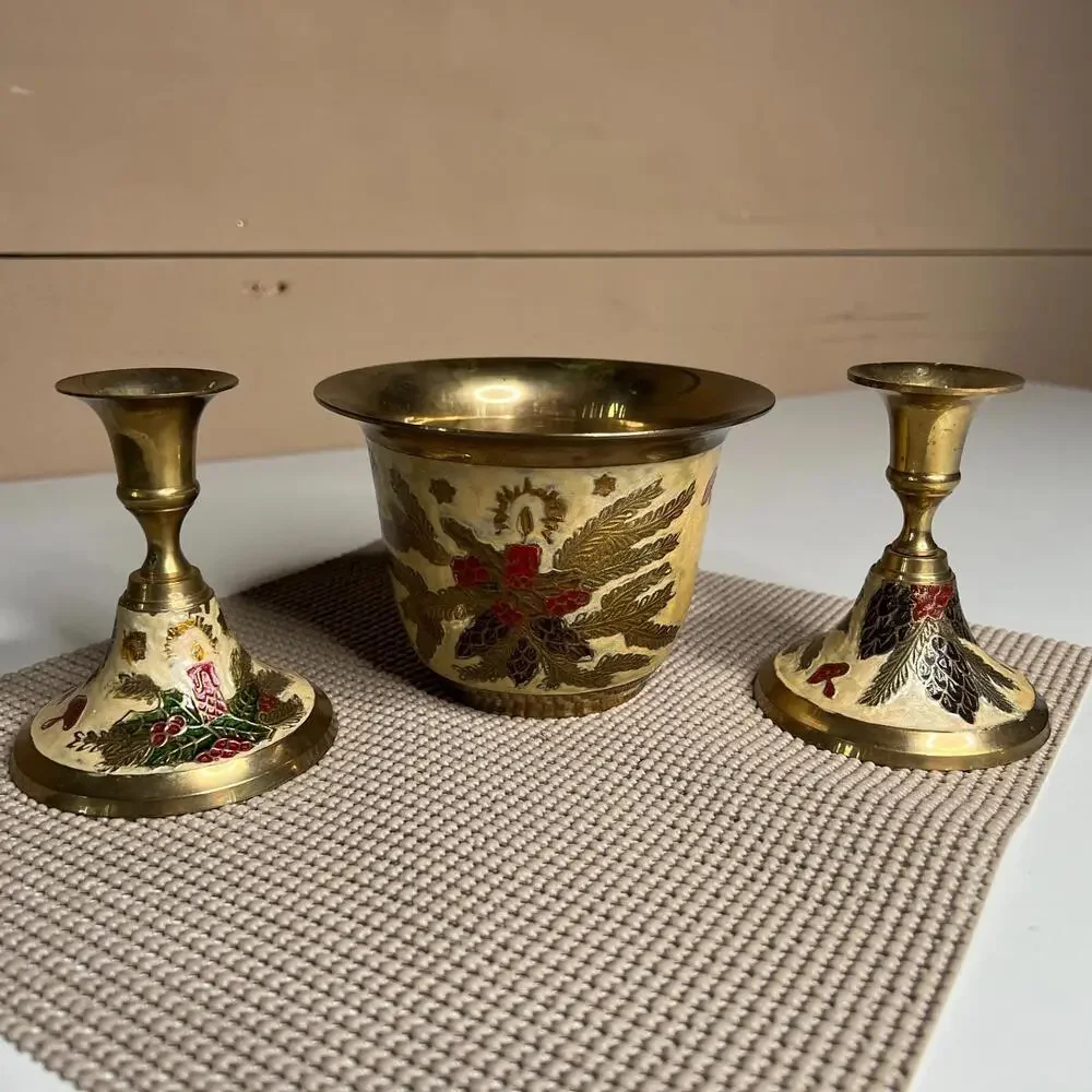 Vintage Brass Candle Holder & Bowl Set Christmas Enamel Made in India Holiday De